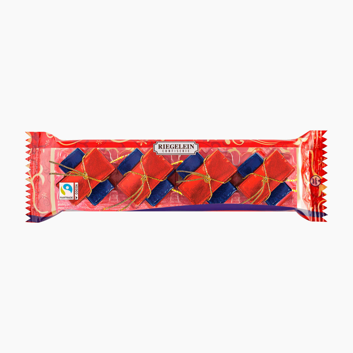 Riegelein Napolitains chocolate bars in its red and clear wrapper, showing the red and blue paper cracker candies inside, on a plain white background.