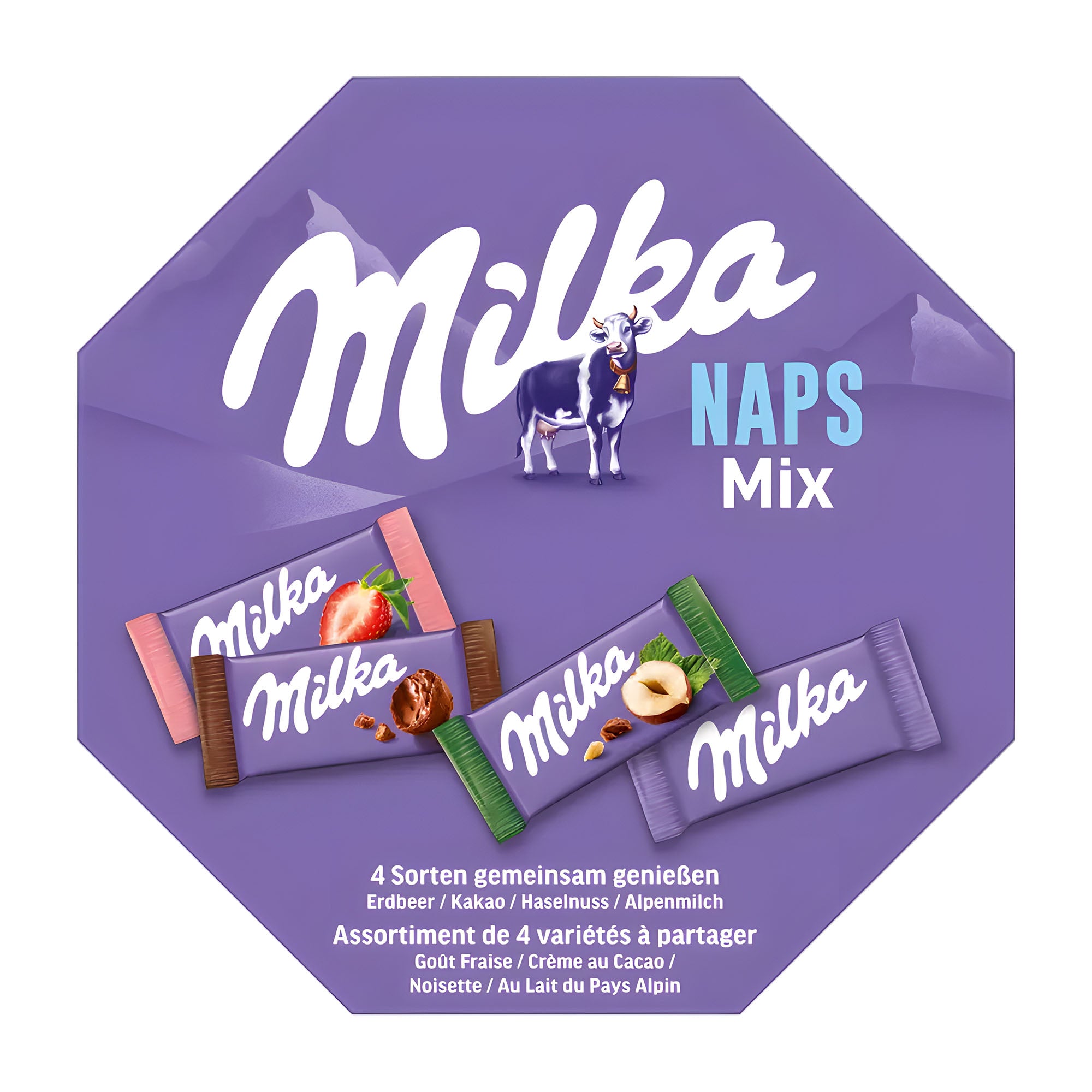 A gift pack of Milka Naps Mix featuring four varieties of mini chocolate bars, including Alpine Milk, Hazelnut, Crème au Cacao, and Strawberry.