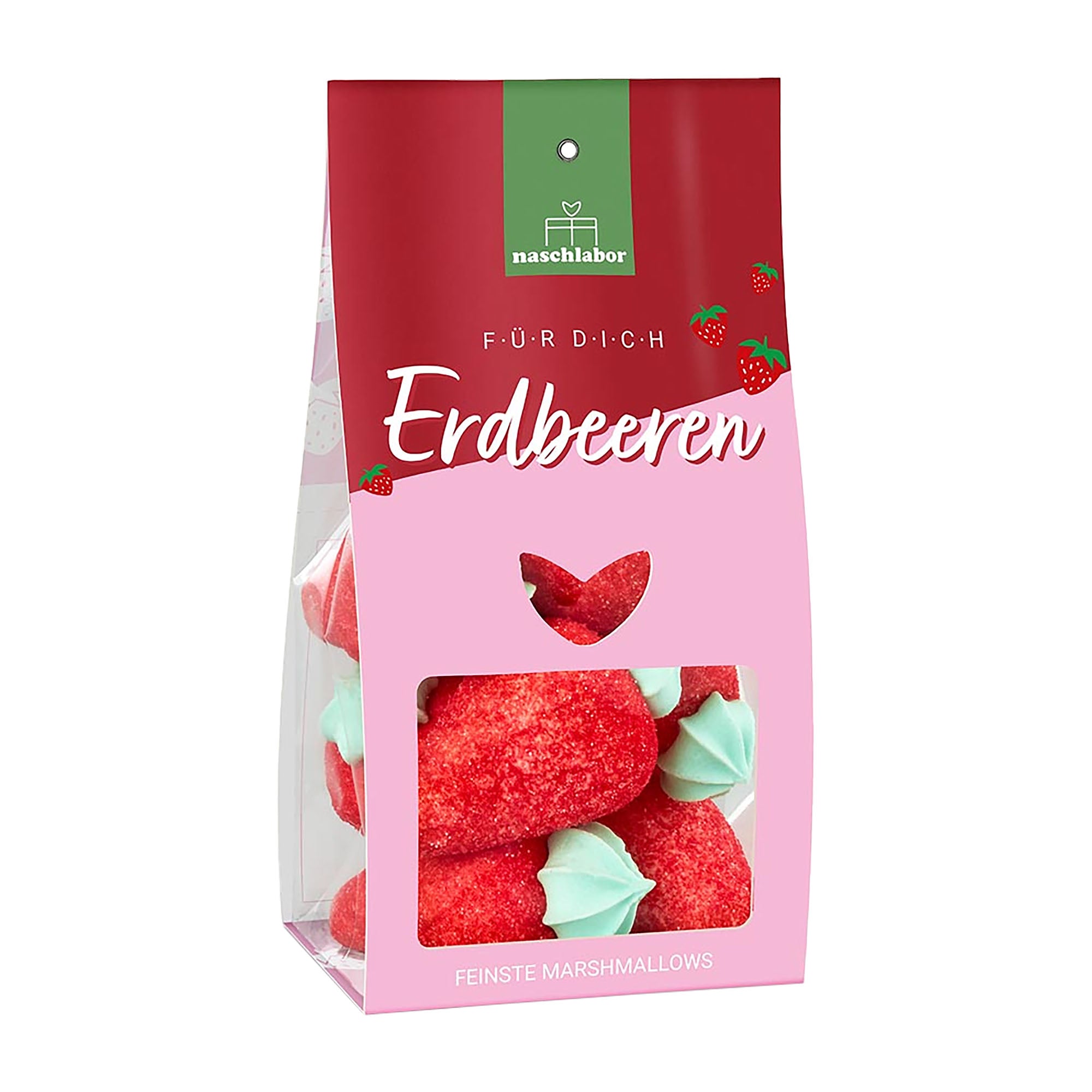 Packaged strawberry-shaped Naschlabor marshmallows with a pink and red design on a white background