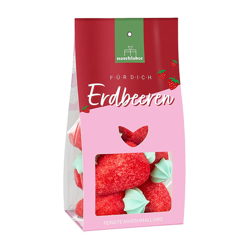 Packaged strawberry-shaped Naschlabor marshmallows with a pink and red design on a white background