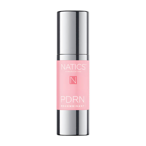 Natics PDRN Recombinant Active DNA Longevity Face Creme Gelee container with a metallic silver cap and base, and a pink label in the center, shown on a plain white background.