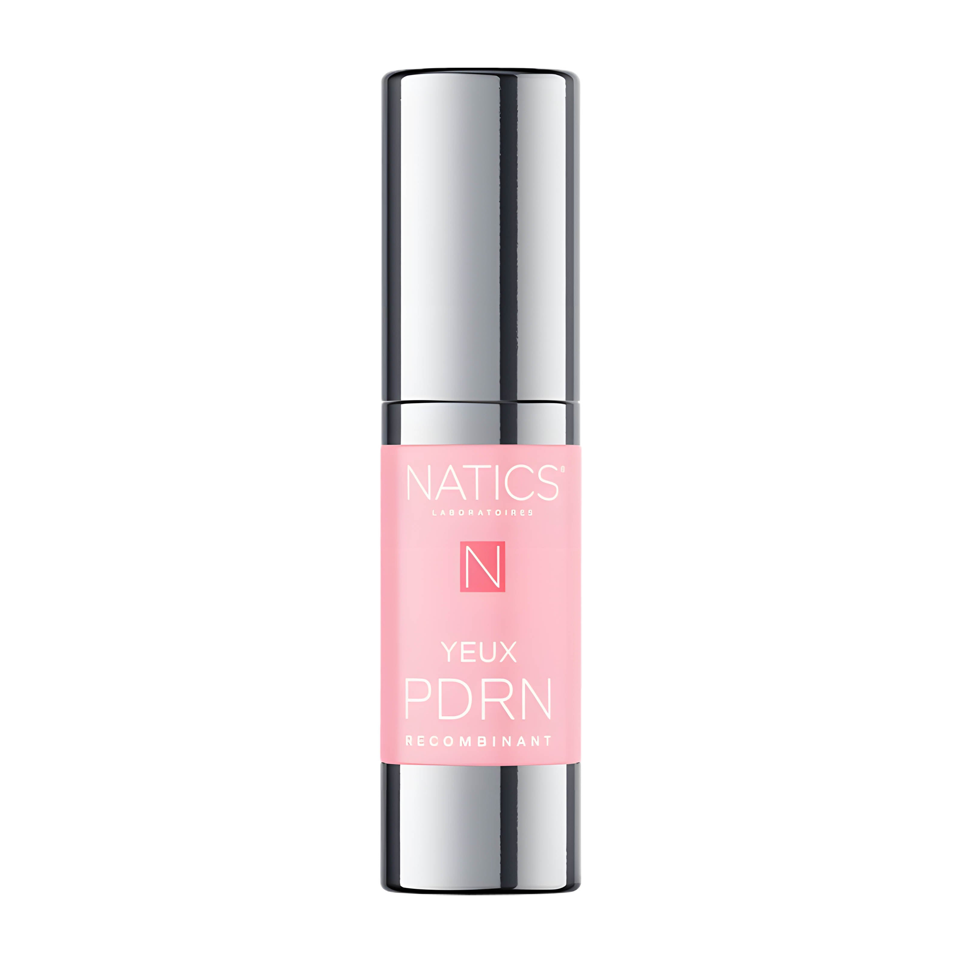 Natics PDRN Recombinant Yeux Active DNA Longevity Eye Creme Gelee in a cylindrical silver bottle with a pink label, centered on a white background.