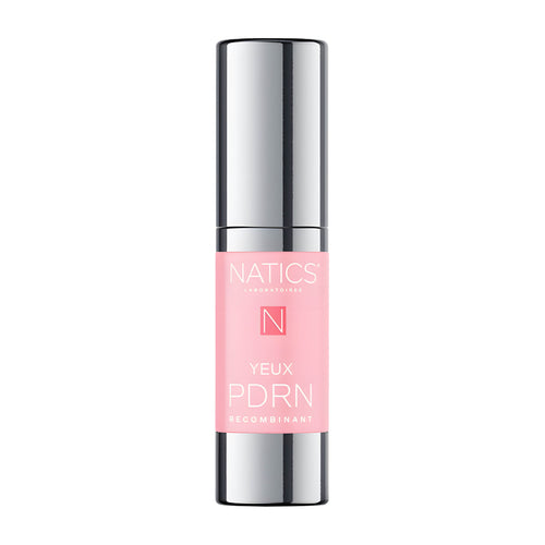 Natics PDRN Recombinant Yeux Active DNA Longevity Eye Creme Gelee in a cylindrical silver bottle with a pink label, centered on a white background.