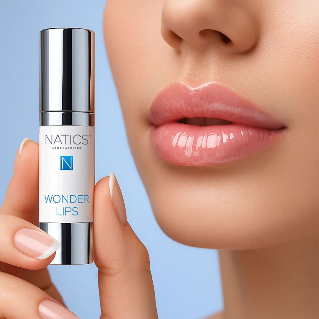 Hand holding a Natics Wonder Lips product with a close-up of lips on a blue background