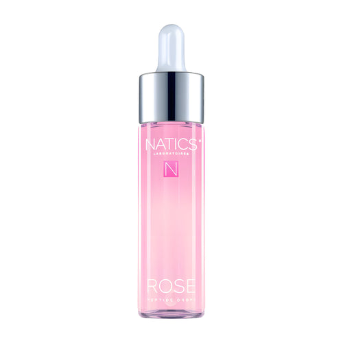 Natics Rose Peptide Drops Super Booster's pink serum bottle with silver cap on a white background