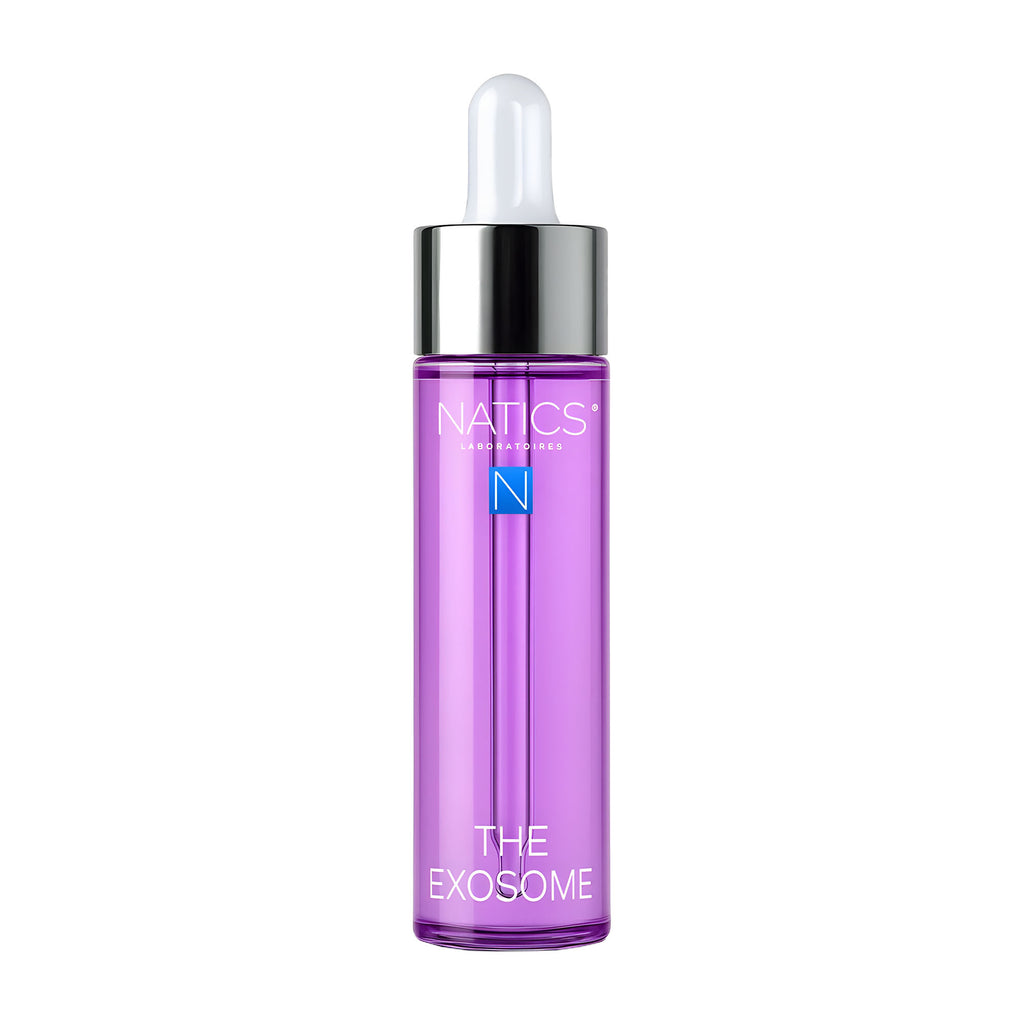 Purple serum bottle with dropper labeled 'NATICS' on a white background