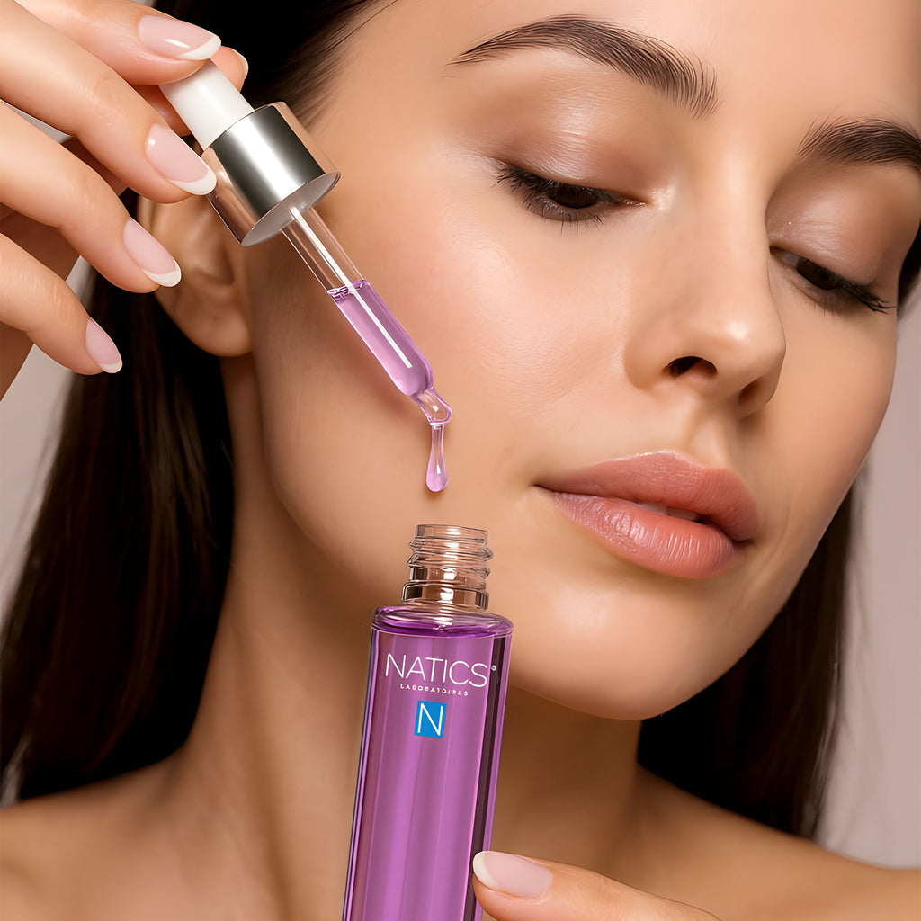 Woman applying a dropper of purple serum to her face with a Natics bottle in the foreground.