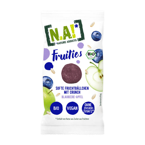 N.A! Nature Addicts Fruities Blueberry-Apple fruit snack packaging on a white background