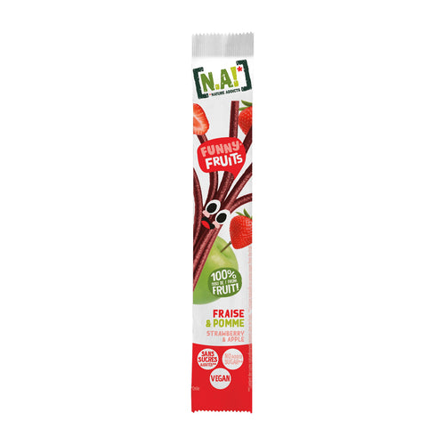 N.A Nature Addicts Funny Fruits snack stick packaging with strawberry and apple flavor on a white background