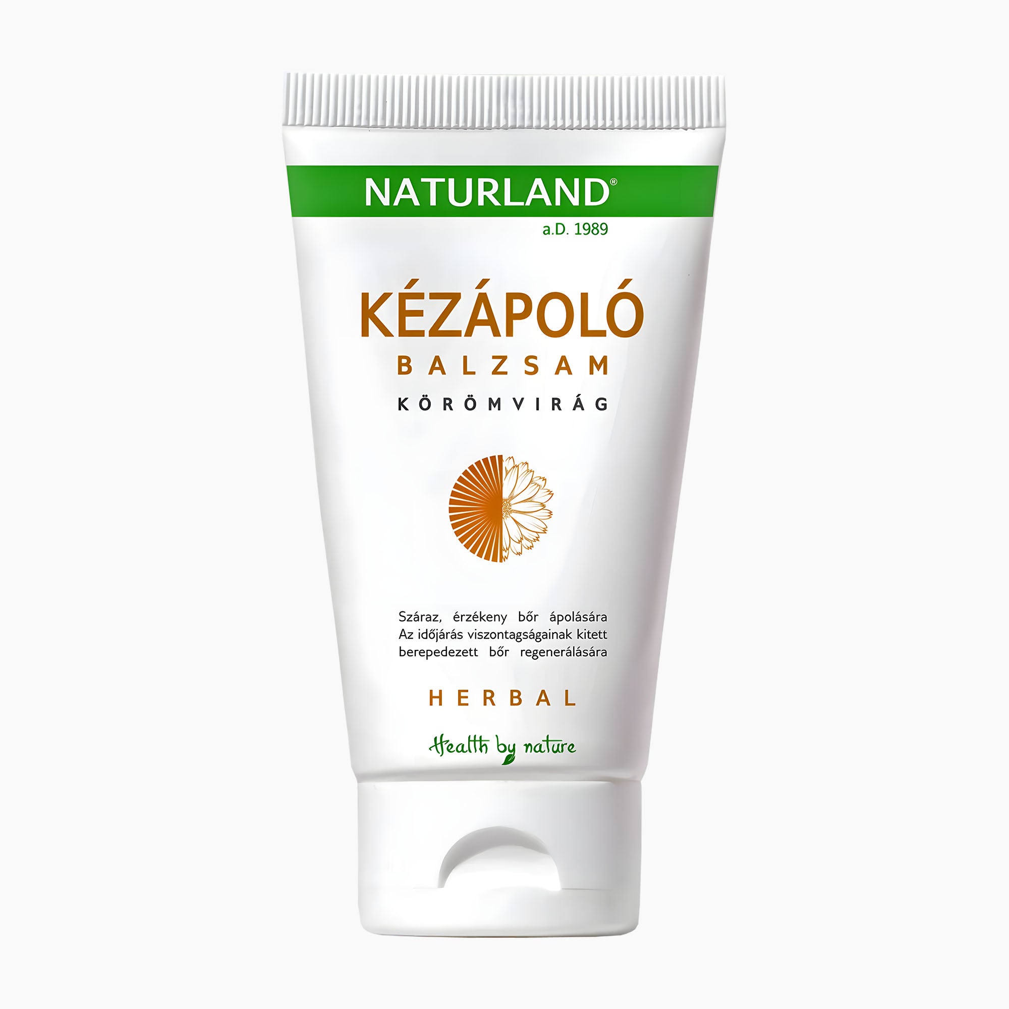 A white squeeze tube of Naturland Calendula Hand Balm, featuring green and orange text and a calendula graphic on a light gray background.