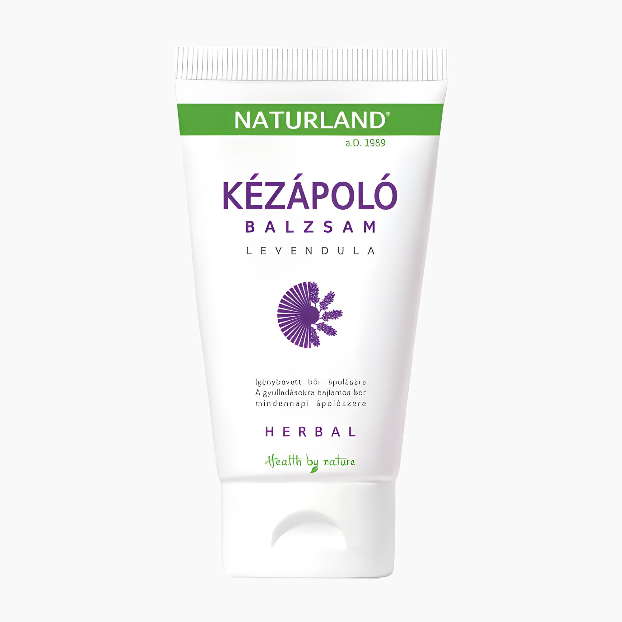 A white squeeze tube of Naturland Lavender Hand Balm with green and purple text and graphics, set against a plain light gray background.