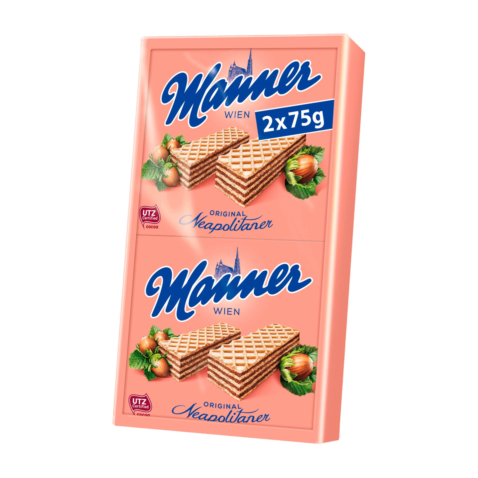 Packaging of Manner Original Neapolitan Wafer Bars, showing the product name and a picture of the wafer bars with hazelnut cream filling.