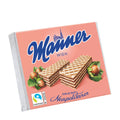 Packaging of Manner Original Neapolitan Wafer Bars featuring the product name and image of the wafer bars with hazelnut cream filling. The packaging is pink with a label and a certification logo on the bottom.