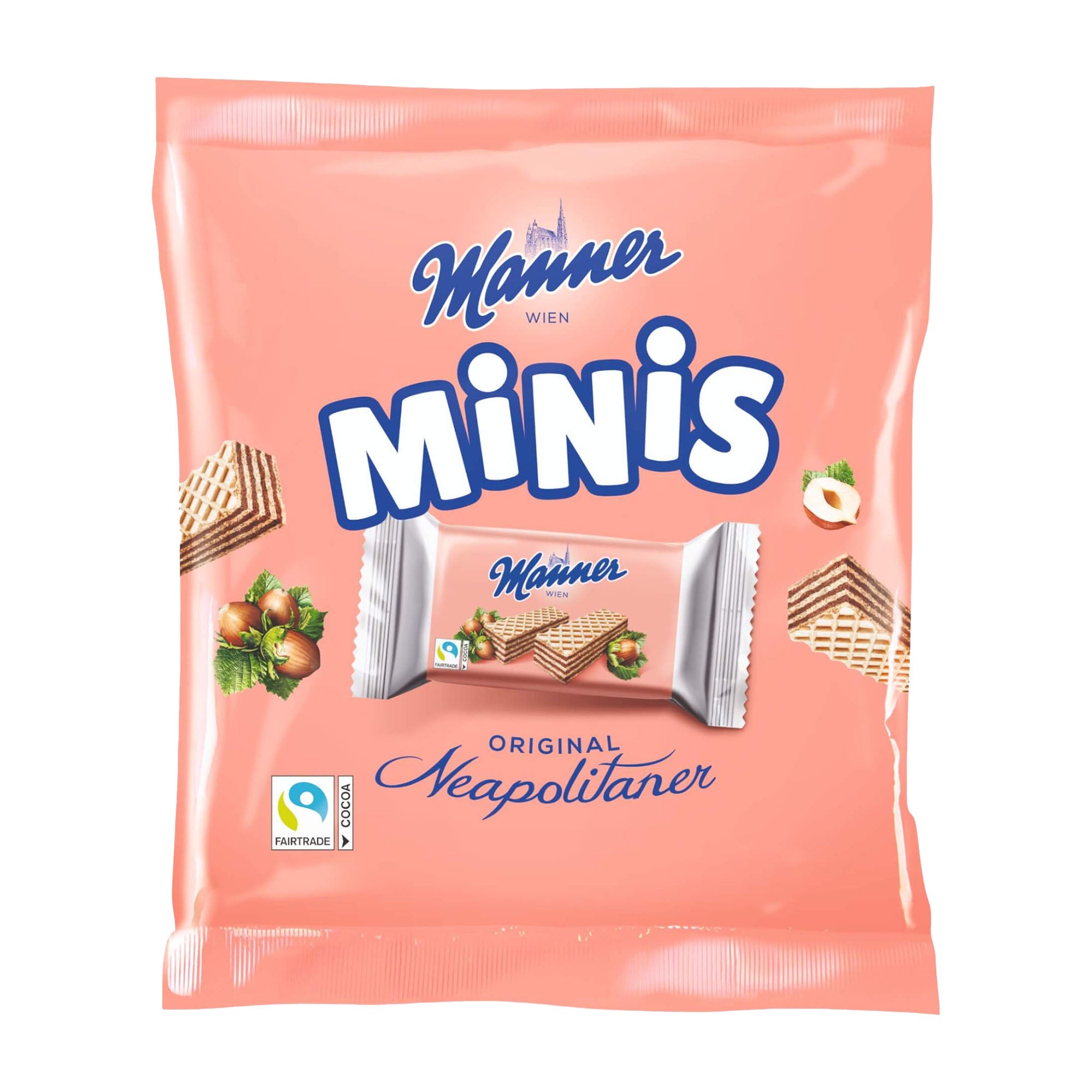 Package of Manner Neapolitaner minis with pink background and waffle images.