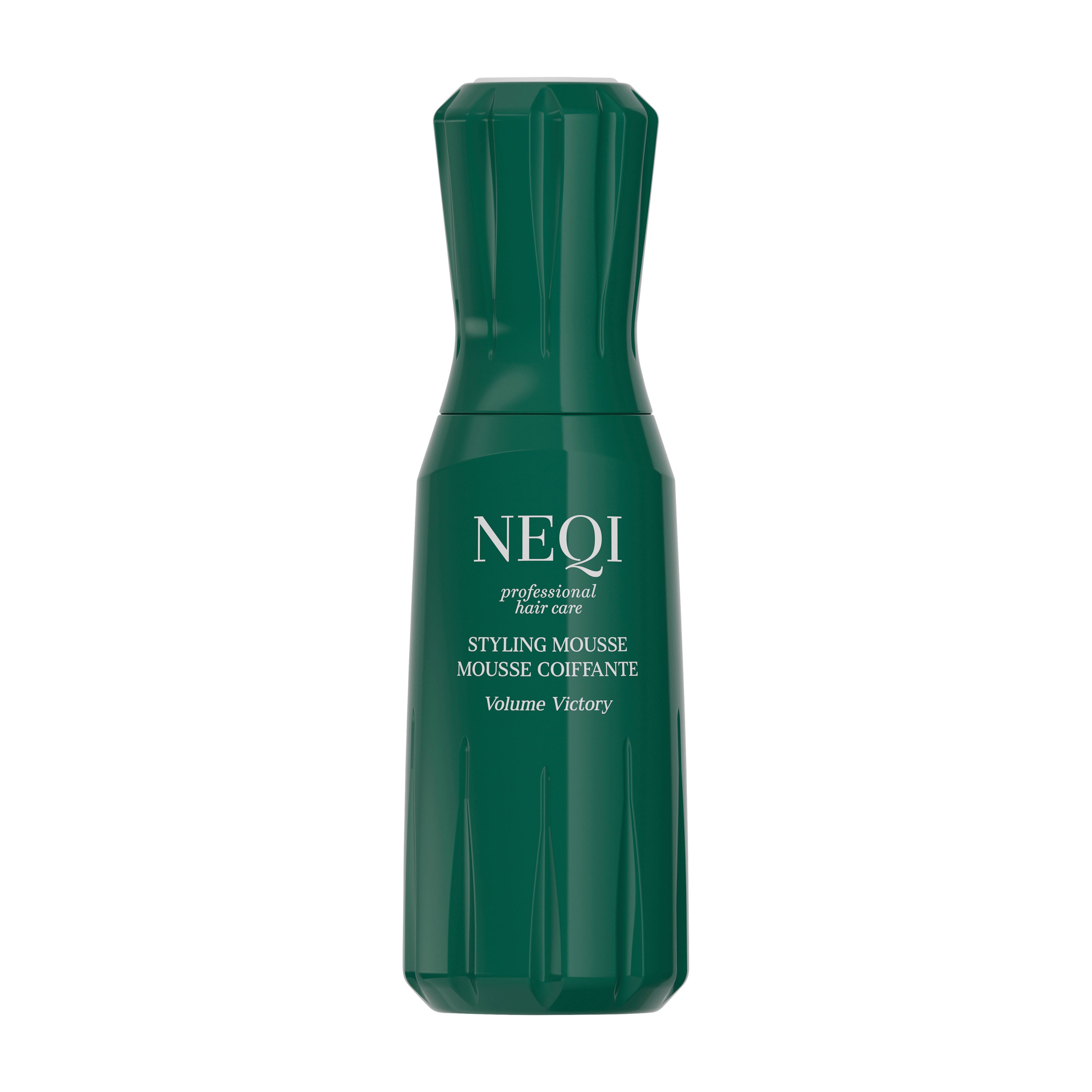 Green bottle of NEQI Volume Victory styling mousse on a white background