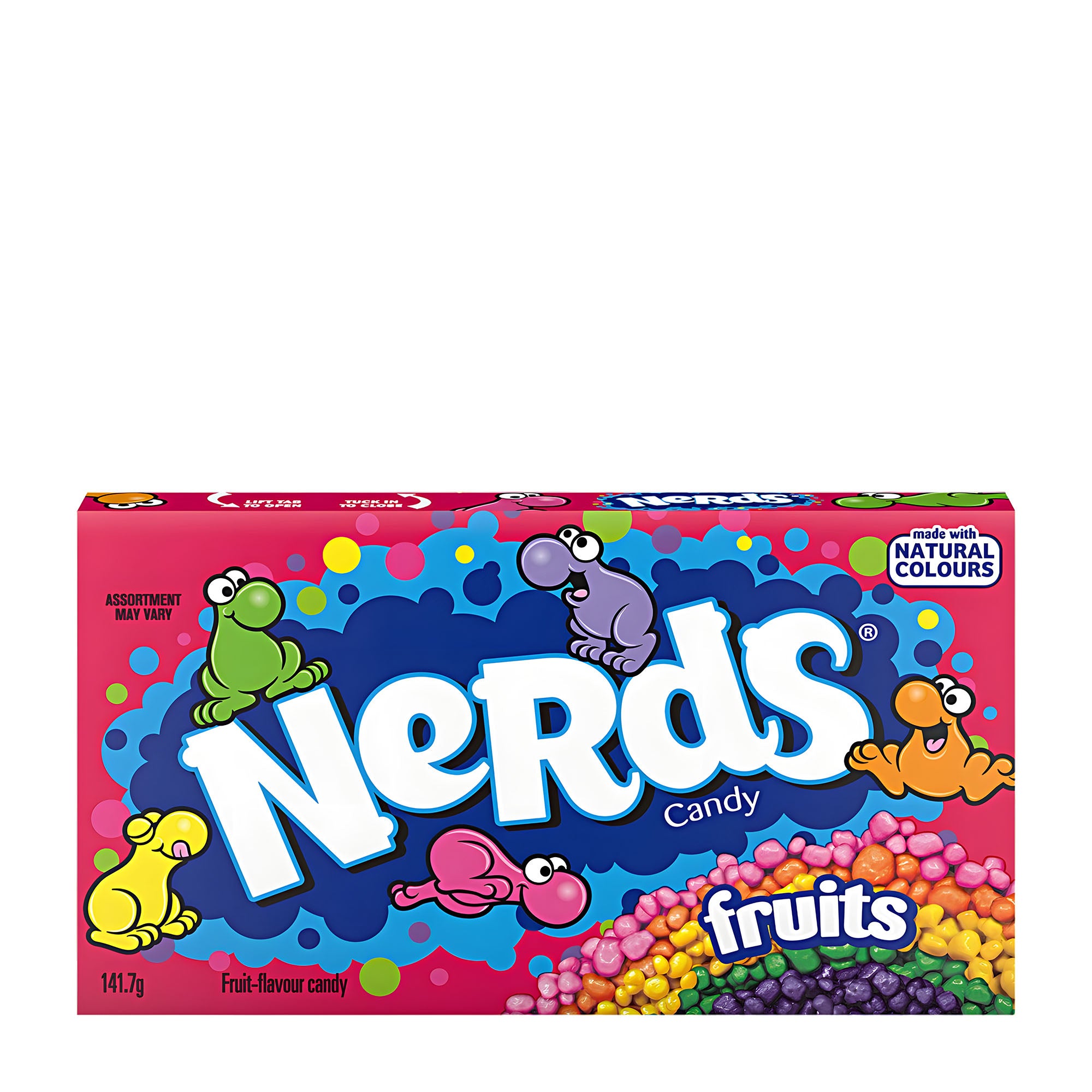 A box of Nerds Fruits rainbow candy featuring mini-dragees in assorted fruit flavors. The packaging is colorful with illustrations of the candies and brand logos.