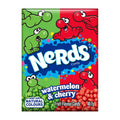 A box of Nerds Watermelon & Cherry candy featuring mini candies in two flavors, on a white background