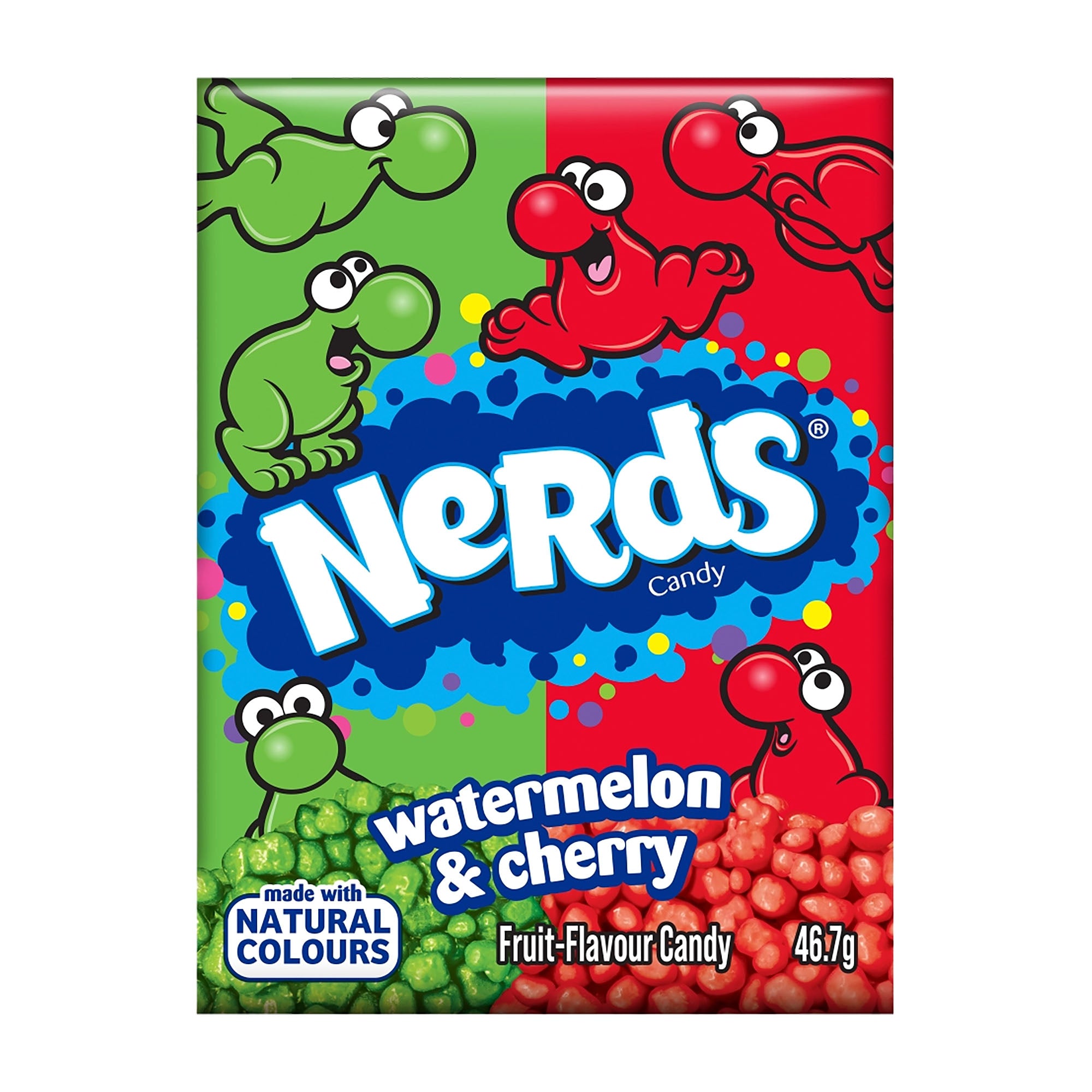 A box of Nerds Watermelon & Cherry candy featuring mini candies in two flavors, on a white background