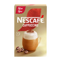 Nescafe Cappuccino packaging with a cup of cappuccino and coffee beans on a beige background