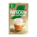 Nescafe Irish Cappuccino packaging with a cup of coffee and macaron on a beige background