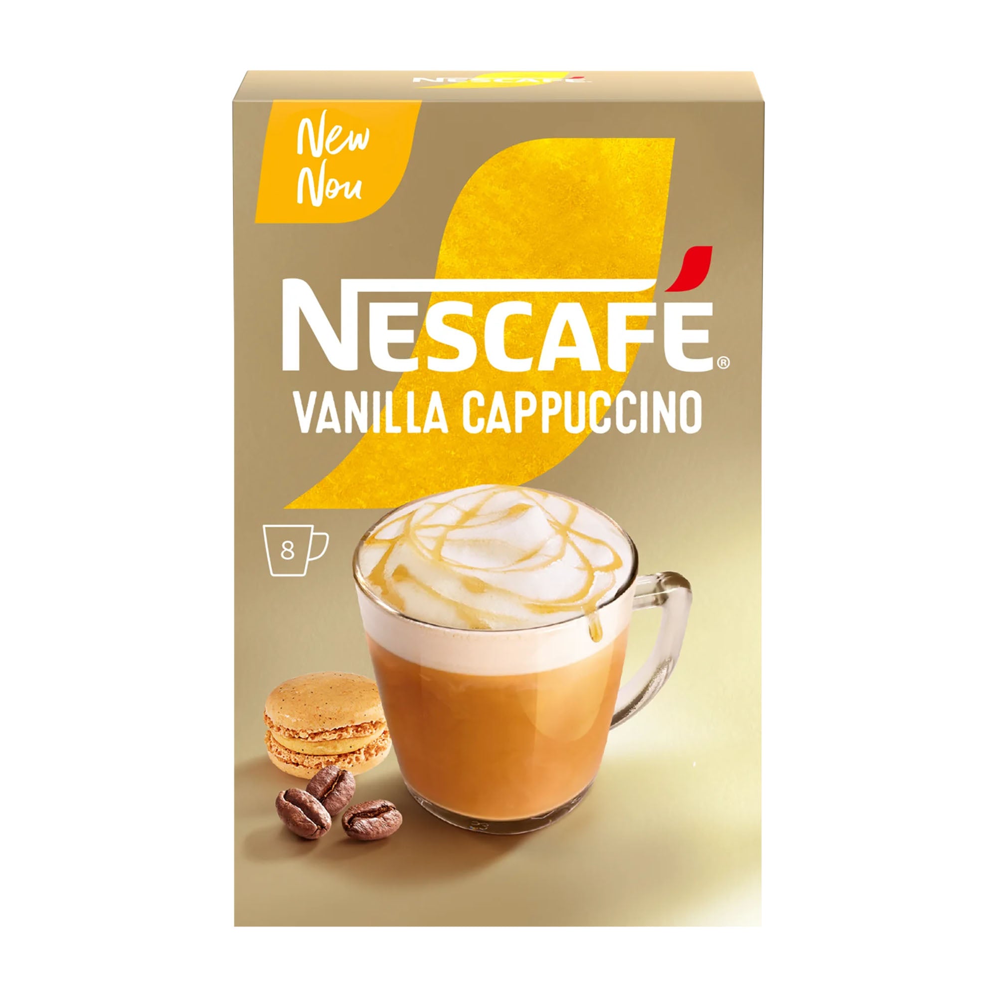 Nescafe Vanilla Cappuccino packaging on a white background