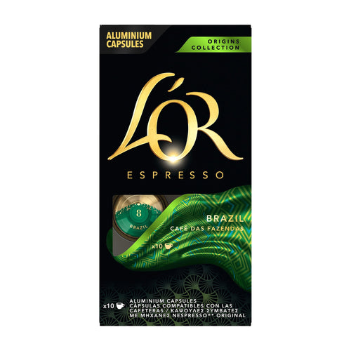 L'OR Espresso Brazil coffee capsules on a white background