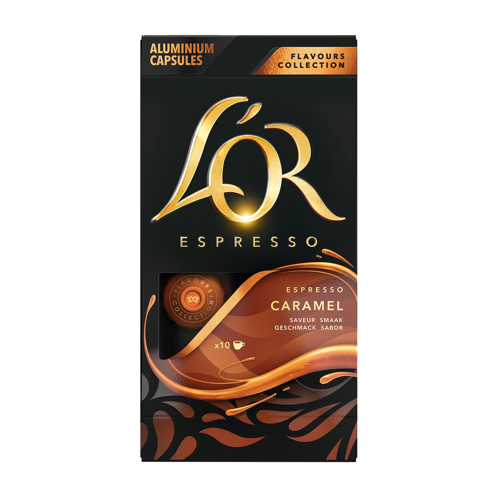 L'OR Espresso Caramel coffee capsules packaging on a white background
