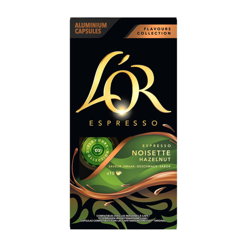 L'OR Espresso Hazelnut coffee capsules packaging on a white background