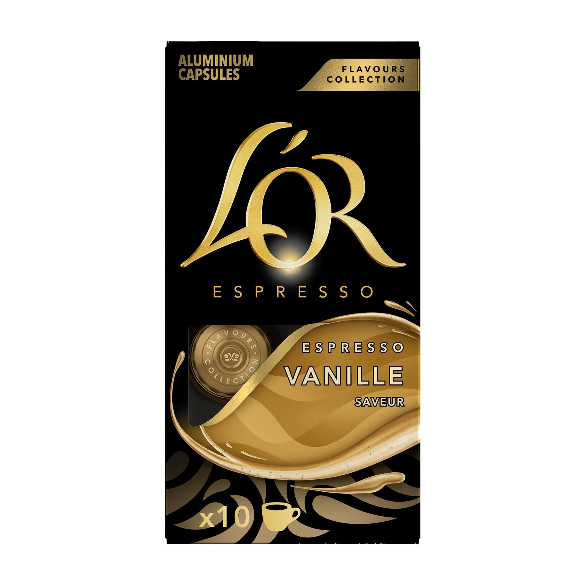 L'OR Espresso Vanilla coffee capsules packaging on a white background
