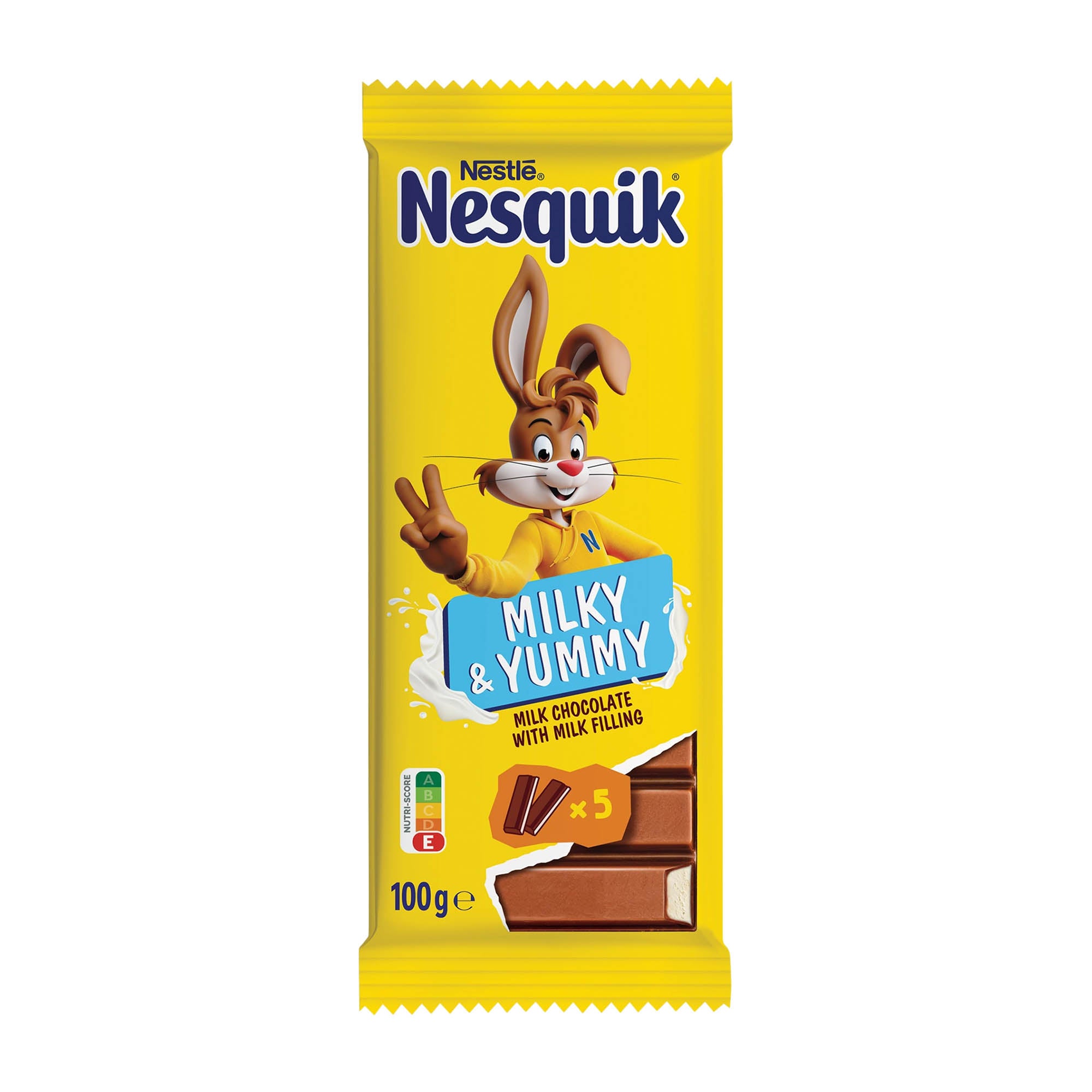 Nestle Nesquik Milky & Yummy chocolate bar packaging with a cartoon rabbit on a white background