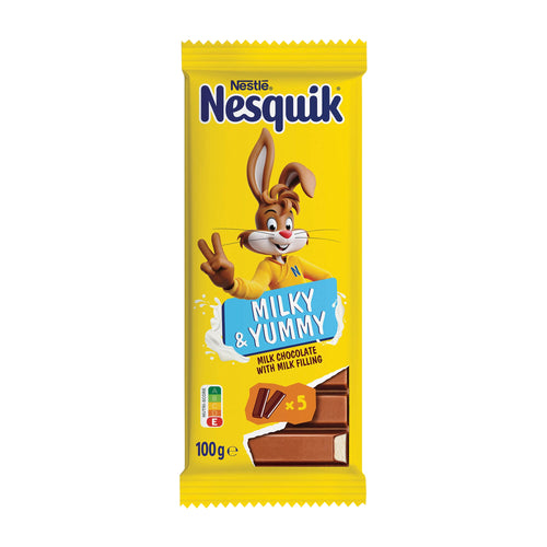 Nestle Nesquik Milky & Yummy chocolate bar packaging with a cartoon rabbit on a white background