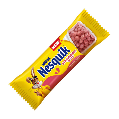 Nesquik strawberry flavor cereal bar package on a white background