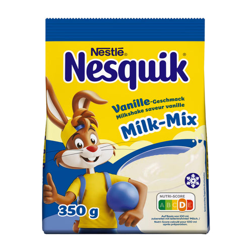 Nestle Nesquik Vanilla Milk Mix packaging with a cartoon character on a white background