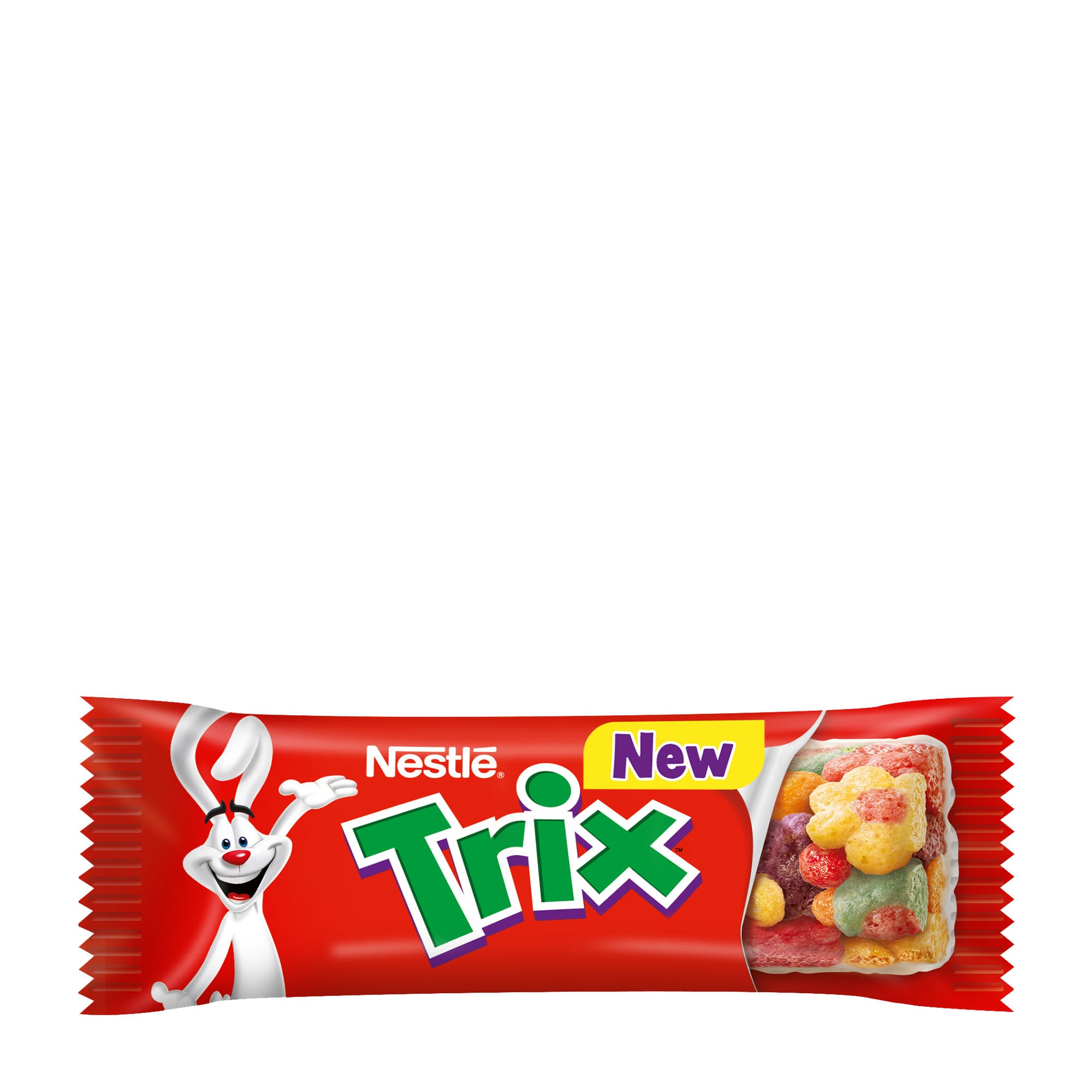 Packaging of Nestlé Trix Fruity Cereal Bar featuring the Trix rabbit logo and a preview of the fruity cereal bars inside.