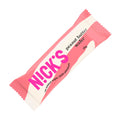 Pink and white package of NICK's peanut butter wafer on a white background