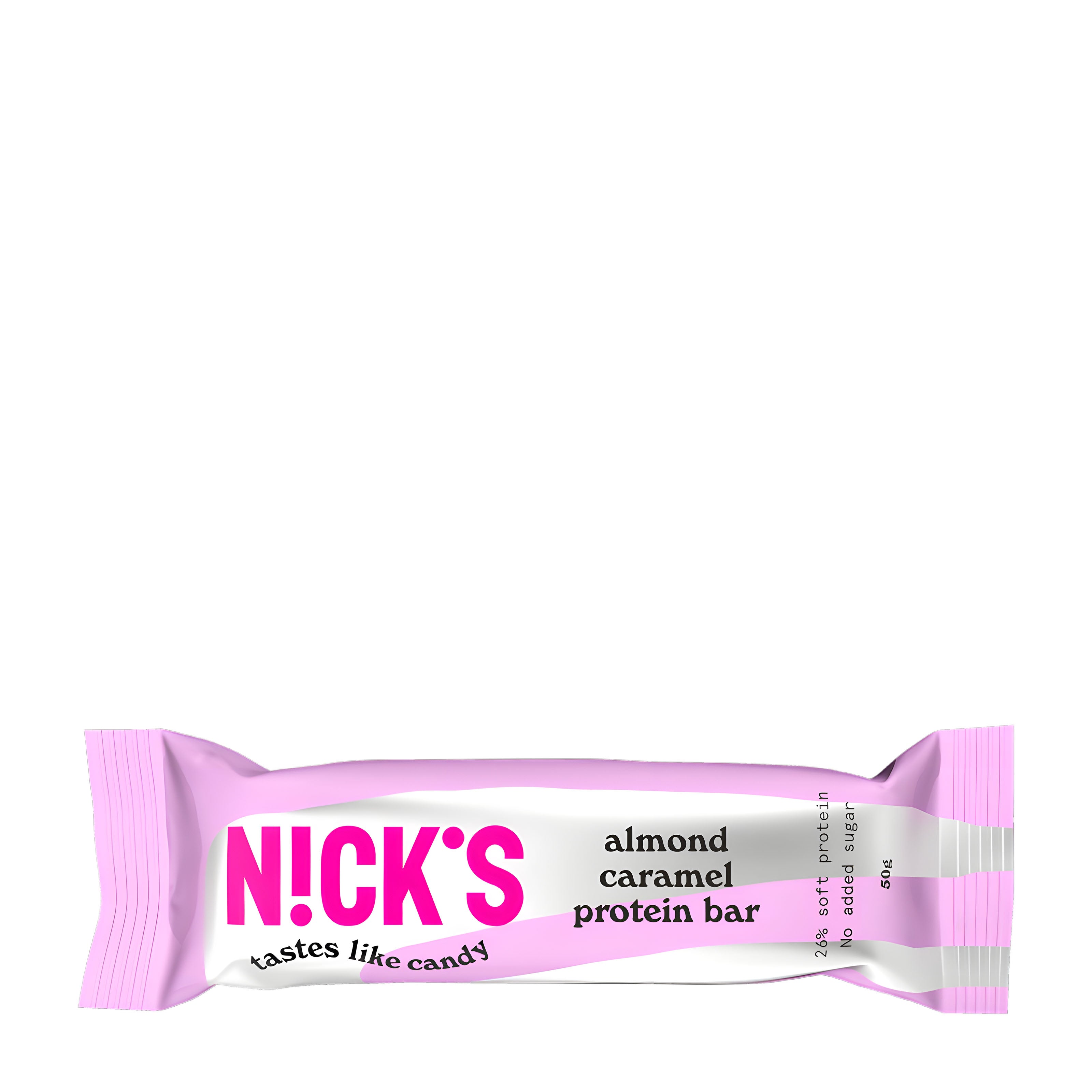Pink and white protein bar packaging with 'N!CK'S' branding on a white background
