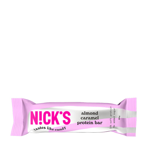 Pink and white protein bar packaging with 'N!CK'S' branding on a white background