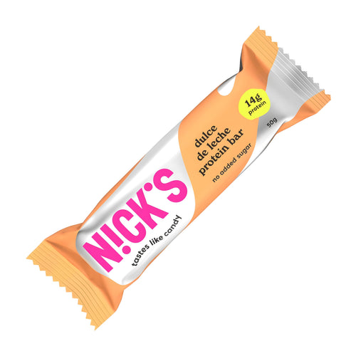 NICK'S dulce de leche protein bar packaging on a white background