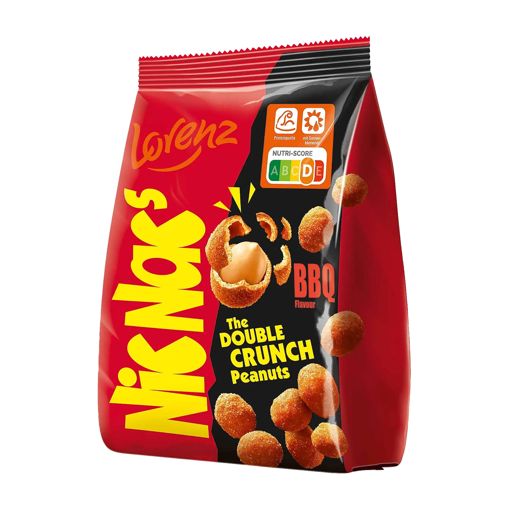 A package of NicNac's BBQ Double Crunch Peanuts, showing the product name and images of the peanuts with a barbecue sauce flavor.