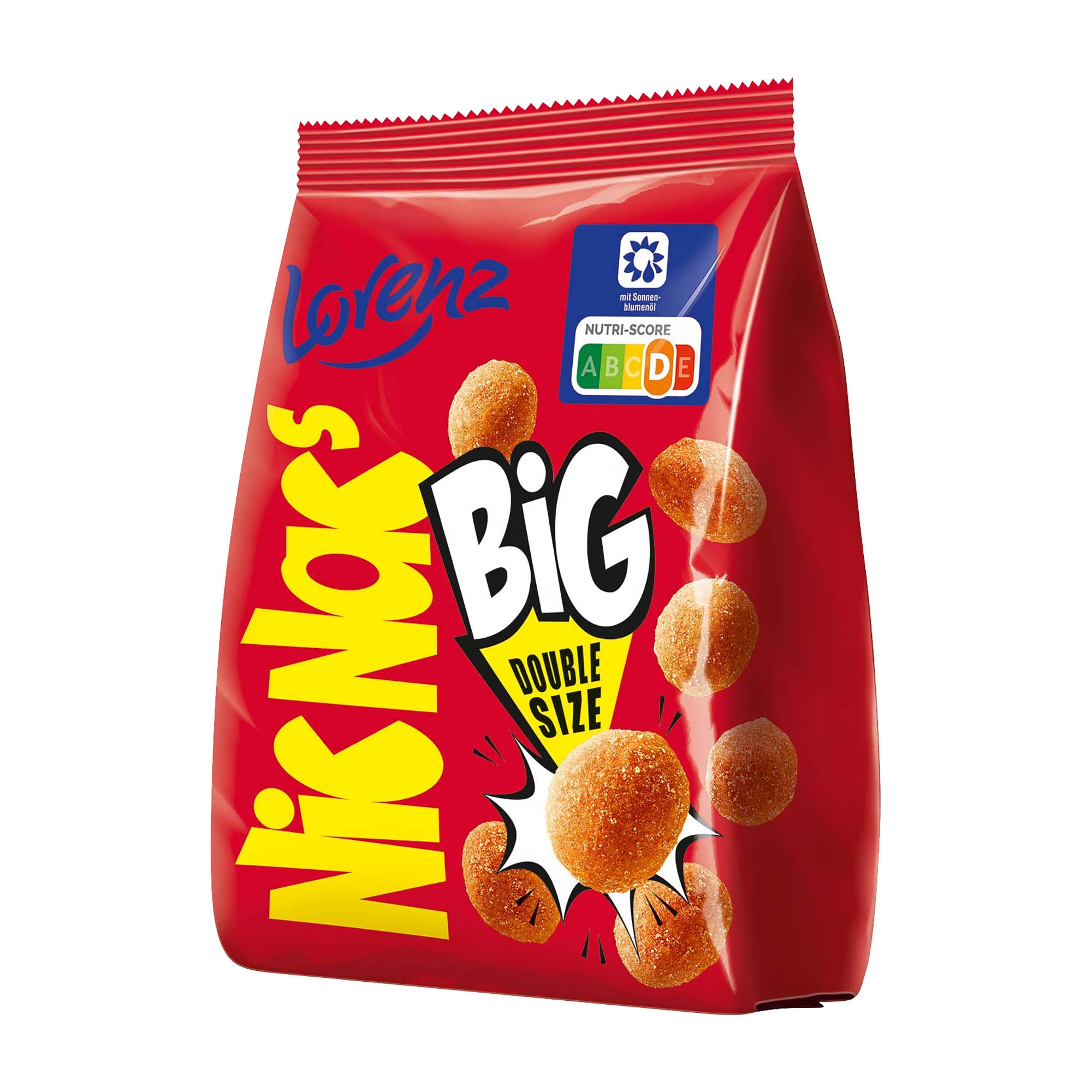 A red bag of NicNac's Big Double Size The Double Crunch Peanuts featuring images of the peanuts and the brand's logo.