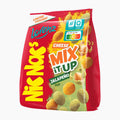 A bag of NicNac's Cheese Mix It Up Jalapeño Style The Double Crunch Peanuts coated peanuts, featuring a bright red packaging with yellow, green, and white text and graphics, shown on a plain white background.