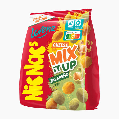 A bag of NicNac's Cheese Mix It Up Jalapeño Style The Double Crunch Peanuts coated peanuts, featuring a bright red packaging with yellow, green, and white text and graphics, shown on a plain white background.