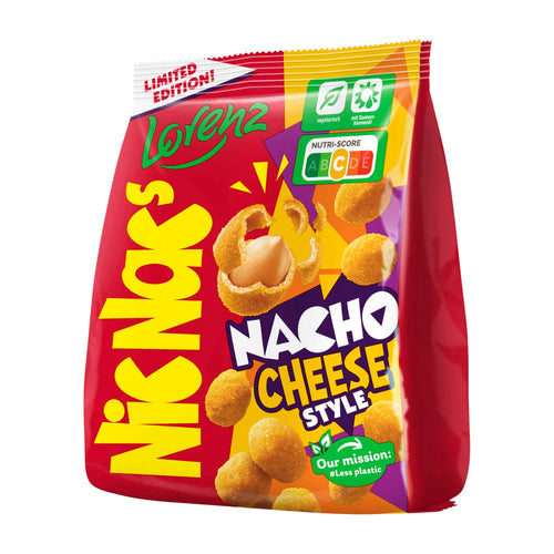 Packaging of Nicnac's Nacho Cheese Style snacks with Lorenz branding on a white background