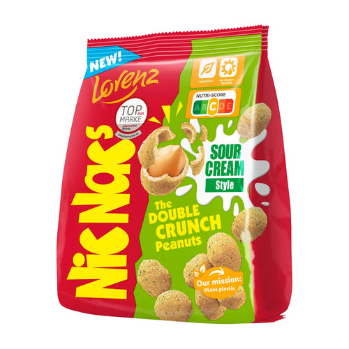 Packaging of Lorenz Nicnac's Sour Cream Style Double Crunch Peanuts with red and green design on a white background