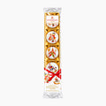 A vertical package of Niederegger Marzipan Medallions in clear plastic wrapping with gold foil compartments and a red ribbon, shown on a plain white background.