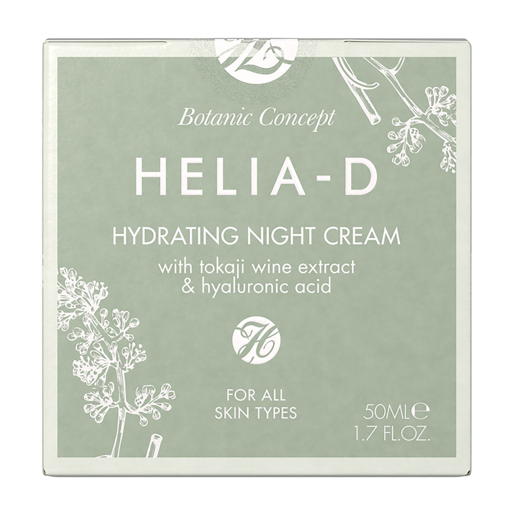 Helia-D hydrating night cream packaging with botanical design on a white background