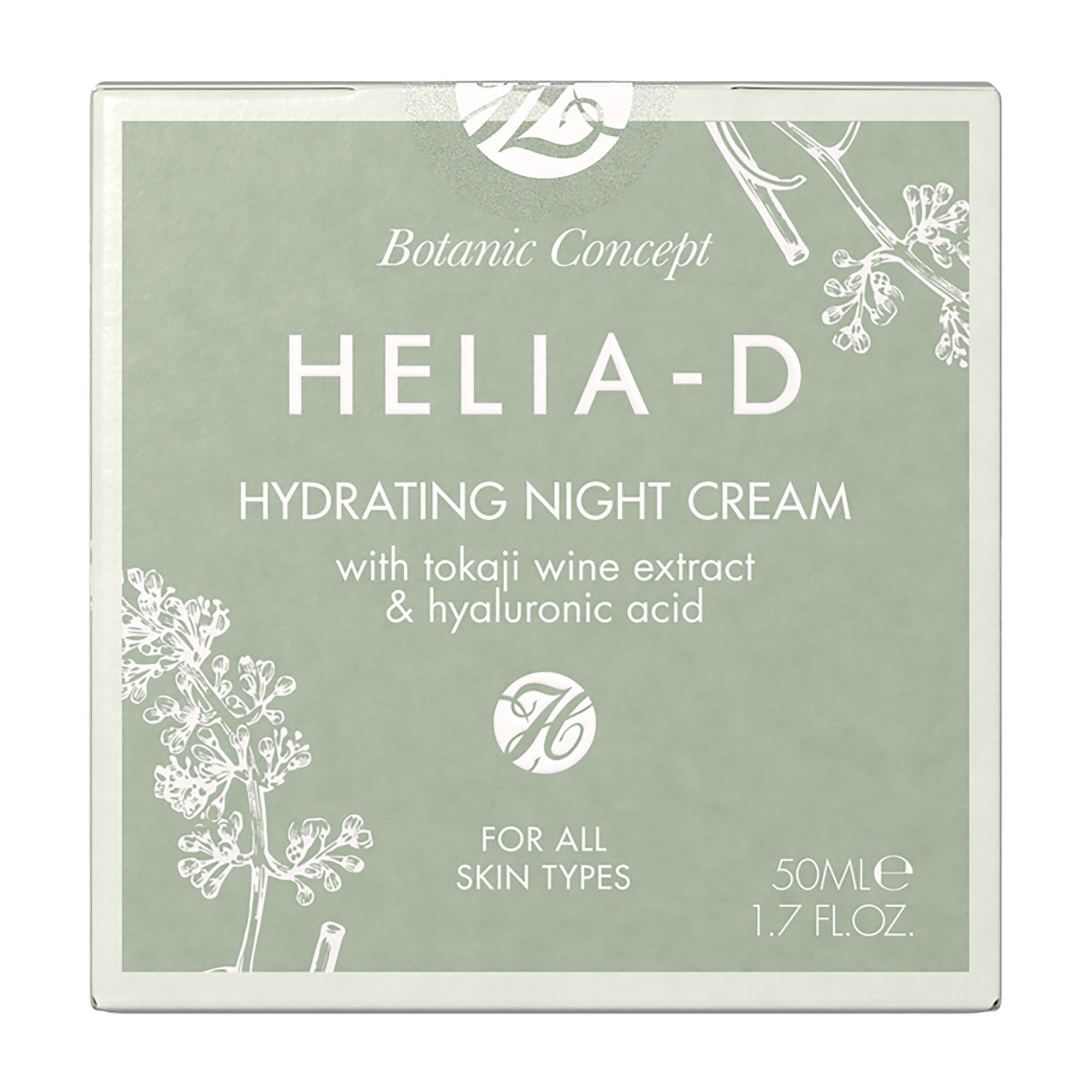 Helia-D hydrating night cream packaging with botanical design on a white background