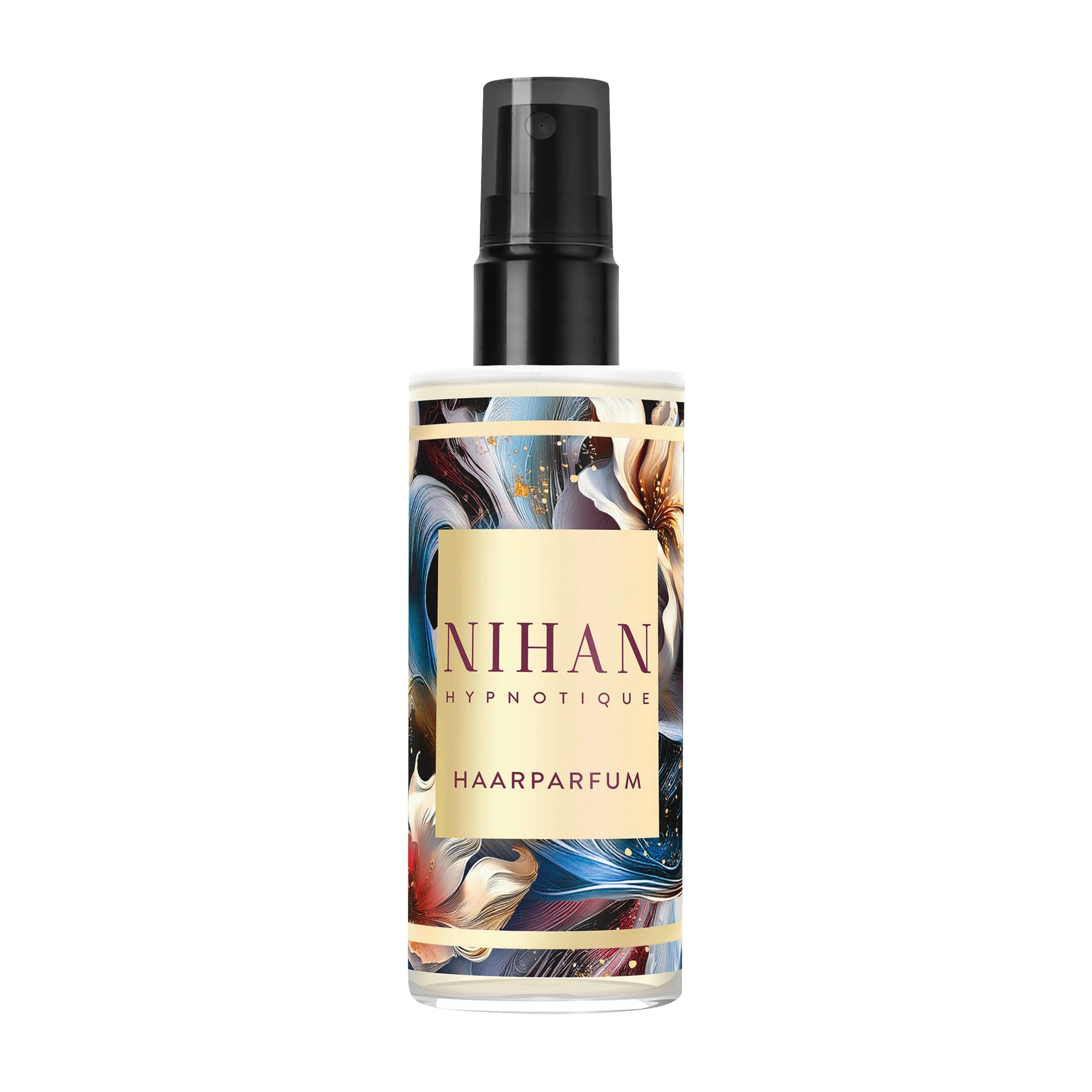 Nihan Hypnotique hair perfume bottle with colorful label on a white background