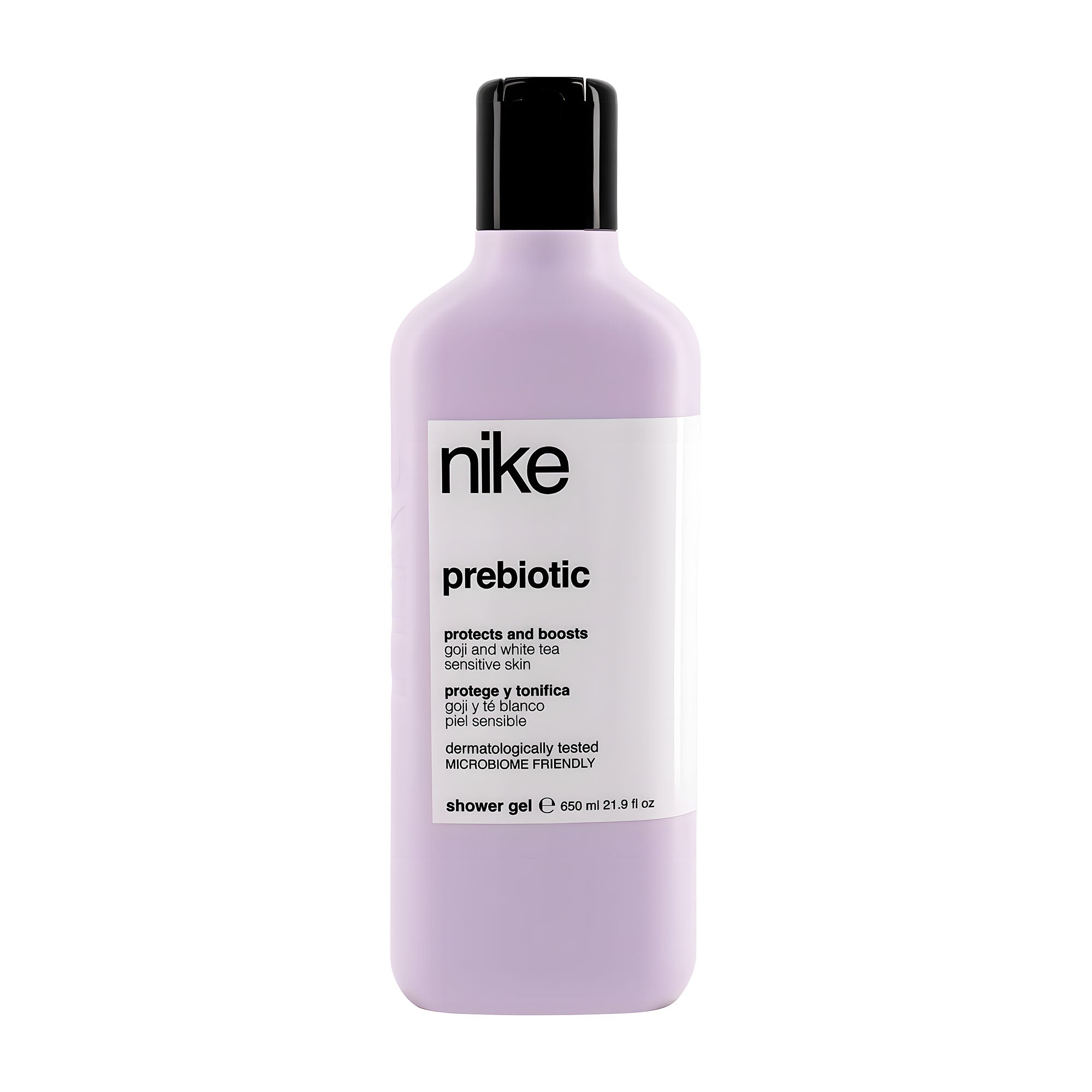 Nike prebiotic shower gel bottle on a white background