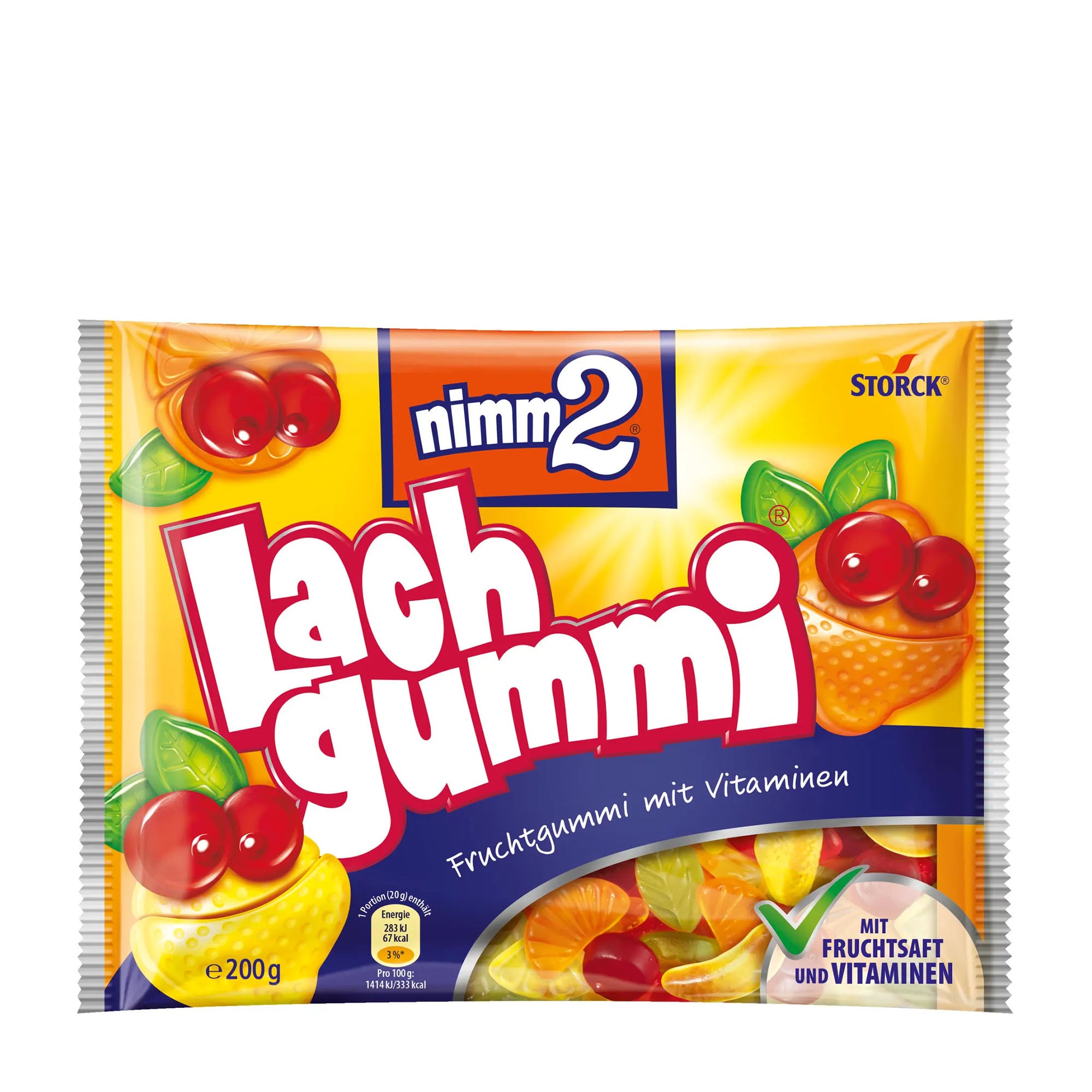 Packaging of Nimm2 Lachgummi gummi candy with colorful design and text on a white background